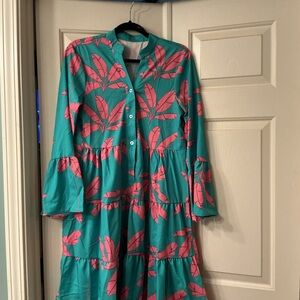 Teal and Pink Leaf Print Dress